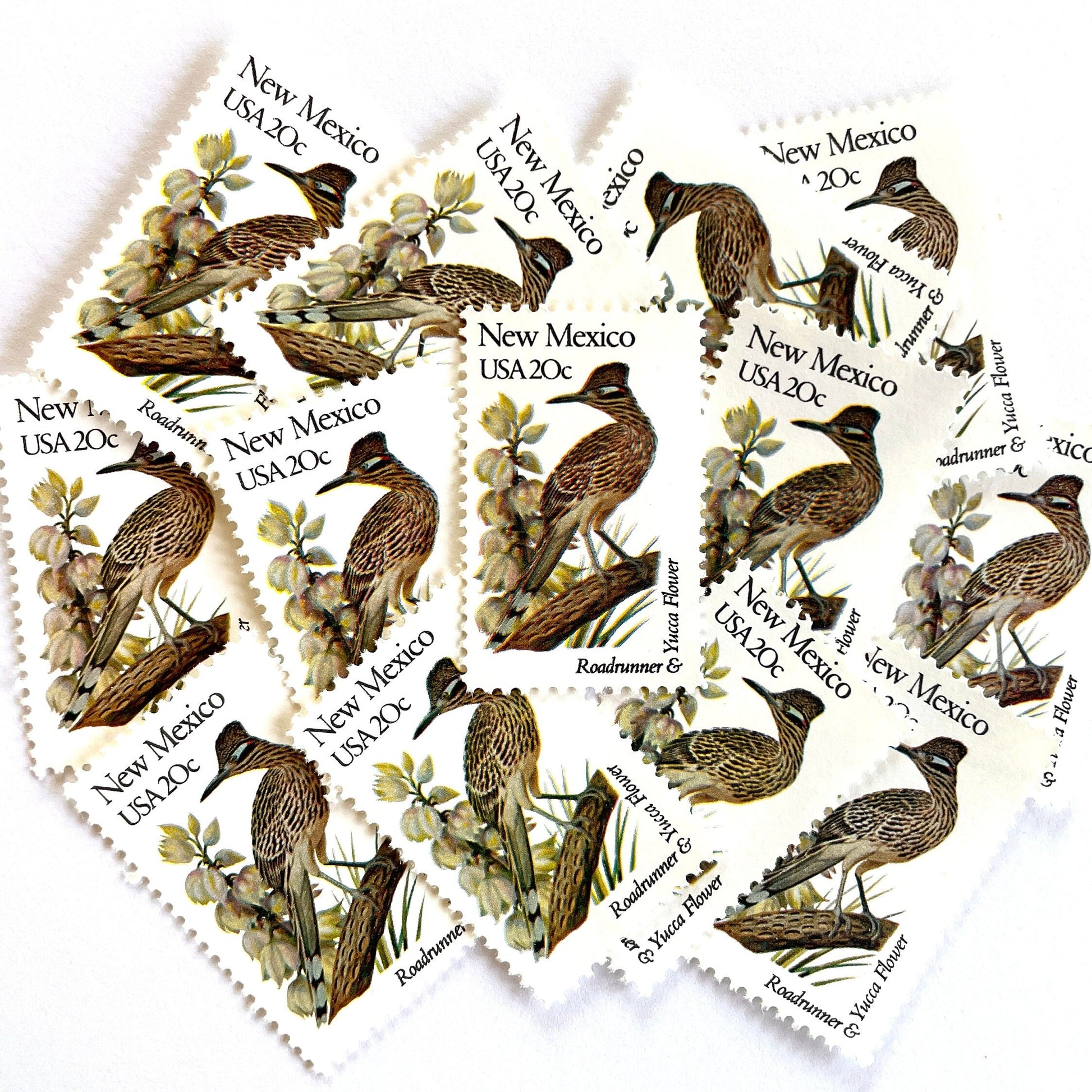 Image of New Mexico State Bird and Flower postage stamps from 1982, featuring a Roadrunner and Yucca Flower on vintage unused 20-cent USPS postage, Scott 1983.