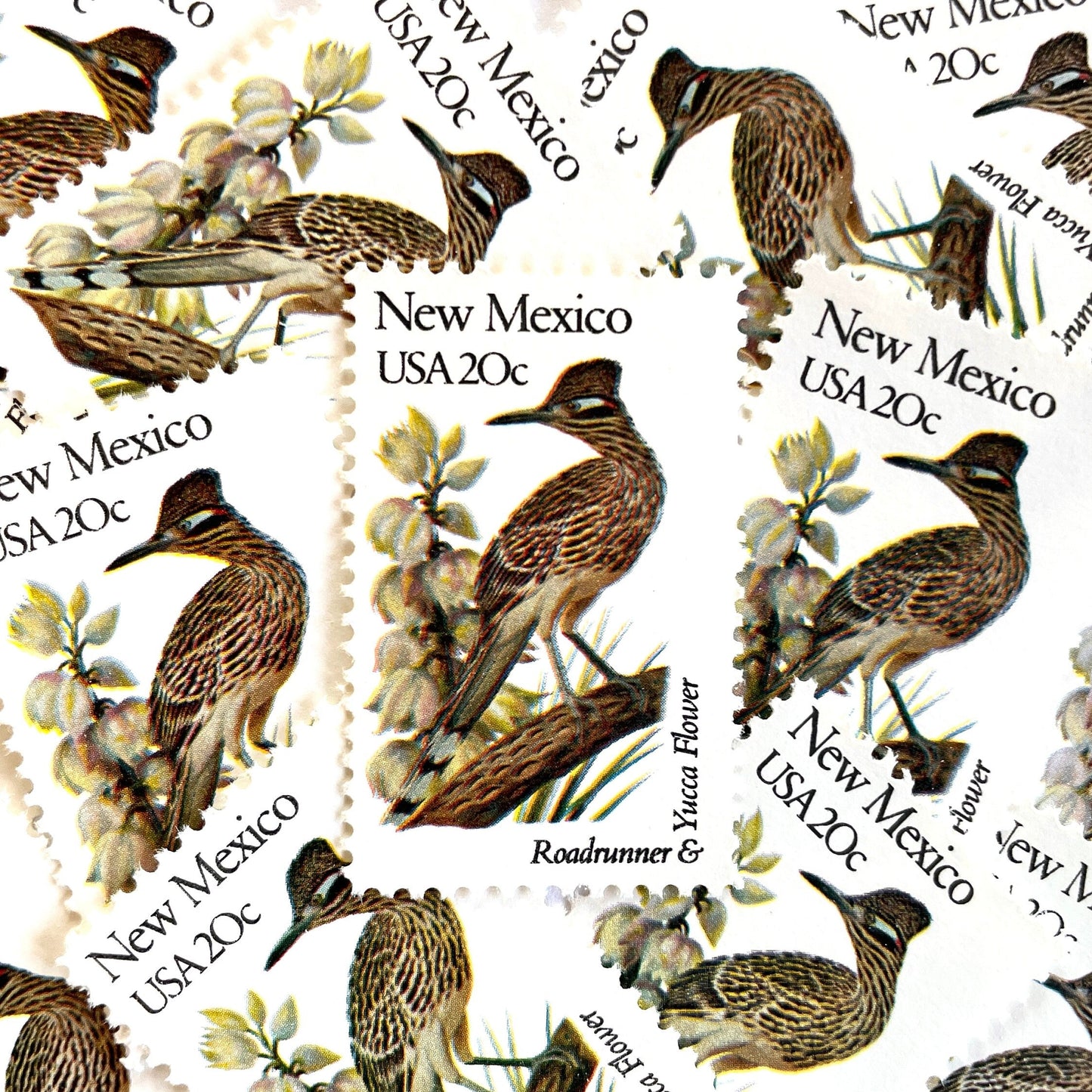 Image of New Mexico State Bird and Flower postage stamps from 1982, featuring a Roadrunner and Yucca Flower on vintage unused 20-cent USPS postage, Scott 1983.