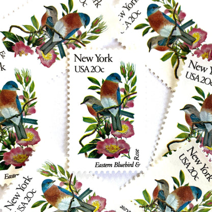Image of New York State Bird and Flower postage stamps from 1982, featuring a Bluebird and Rose on vintage unused 20-cent USPS postage, Scott 1984.