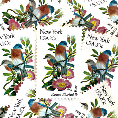 Image of New York State Bird and Flower postage stamps from 1982, featuring a Bluebird and Rose on vintage unused 20-cent USPS postage, Scott 1984.