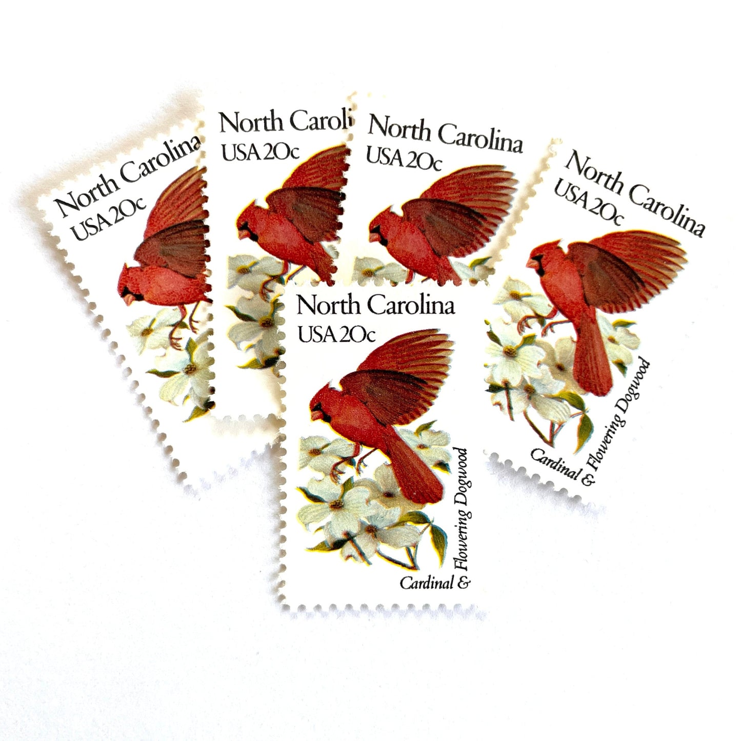 Image of North Carolina State Bird and Flower postage stamps from 1982, featuring a Cardinal and Flowering Dogwood on vintage unused 20-cent USPS postage, Scott 1985.