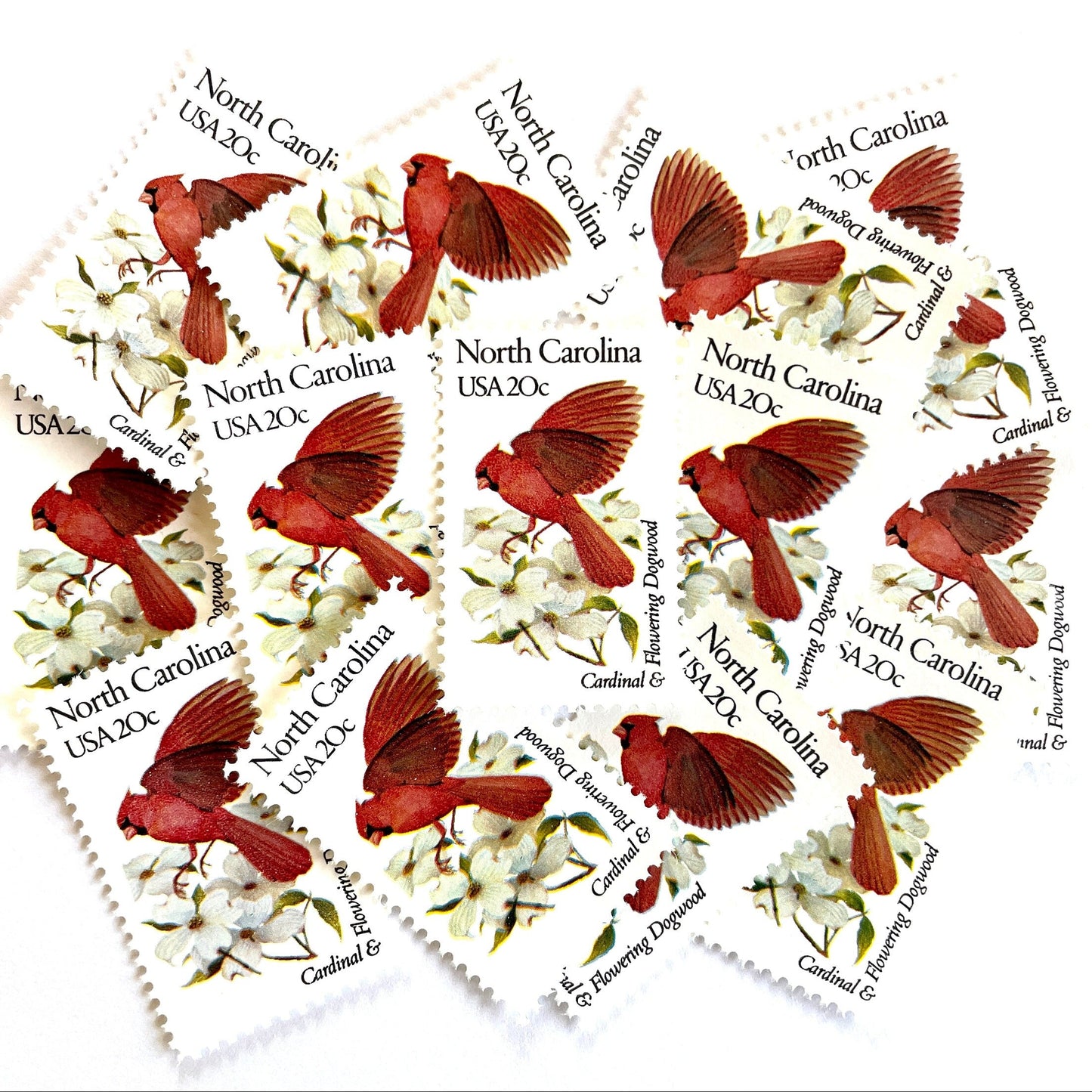 Image of North Carolina State Bird and Flower postage stamps from 1982, featuring a Cardinal and Flowering Dogwood on vintage unused 20-cent USPS postage, Scott 1985.