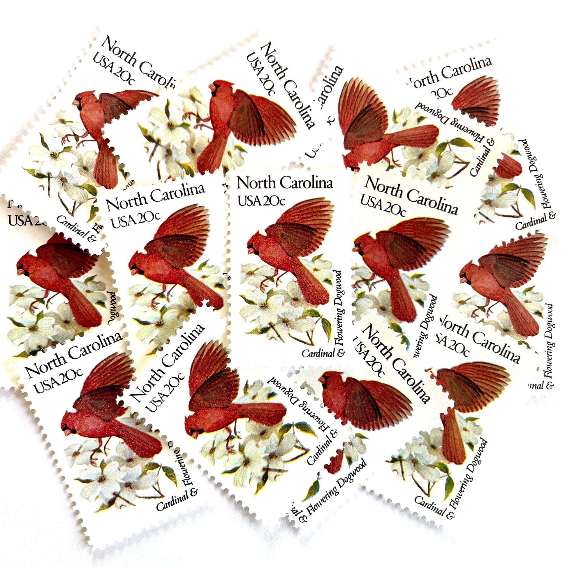 Image of North Carolina State Bird and Flower postage stamps from 1982, featuring a Cardinal and Flowering Dogwood on vintage unused 20-cent USPS postage, Scott 1985.