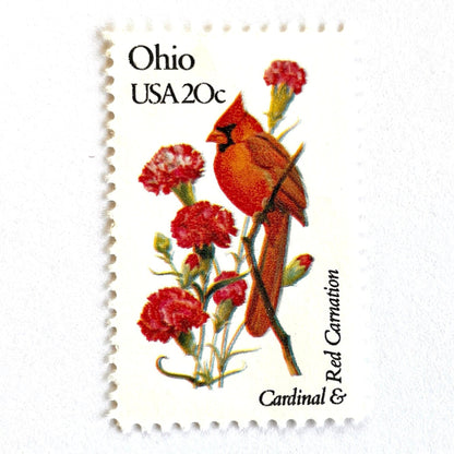 Image of Ohio State Bird and Flower postage stamps from 1982, featuring a Cardinal and Scarlet Carnation on vintage unused 20-cent USPS postage, Scott 1987.