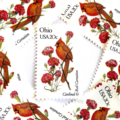 Image of Ohio State Bird and Flower postage stamps from 1982, featuring a Cardinal and Scarlet Carnation on vintage unused 20-cent USPS postage, Scott 1987.