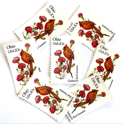 Image of Ohio State Bird and Flower postage stamps from 1982, featuring a Cardinal and Scarlet Carnation on vintage unused 20-cent USPS postage, Scott 1987.