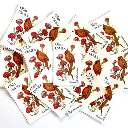 Image of Ohio State Bird and Flower postage stamps from 1982, featuring a Cardinal and Scarlet Carnation on vintage unused 20-cent USPS postage, Scott 1987.