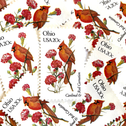 Image of Ohio State Bird and Flower postage stamps from 1982, featuring a Cardinal and Scarlet Carnation on vintage unused 20-cent USPS postage, Scott 1987.