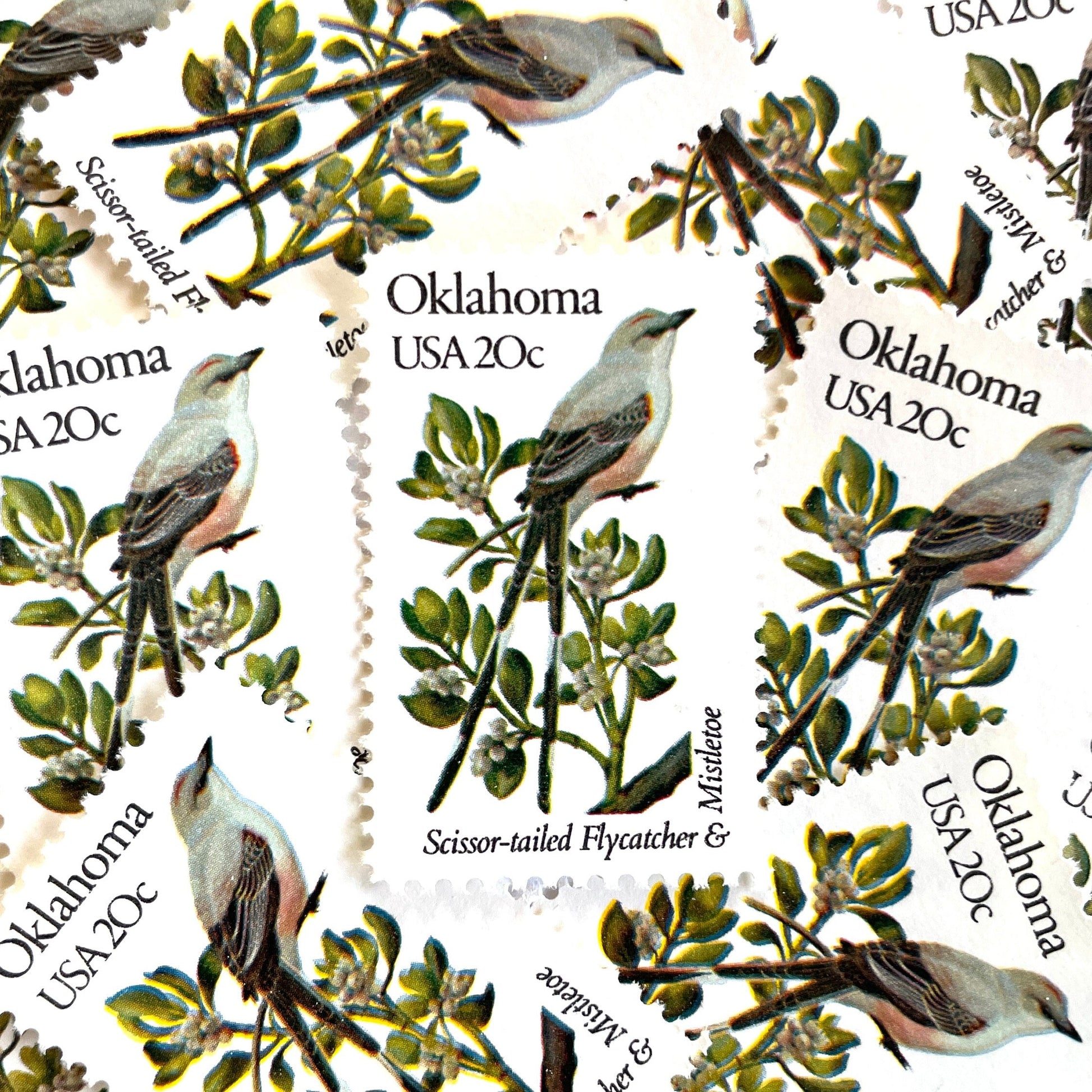 Image of Oklahoma State Bird and Flower postage stamps from 1982, featuring a Scissor-Tailed Flycatcher and Mistletoe on vintage unused 20-cent USPS postage, Scott 1988.