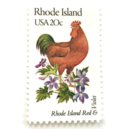 Rhode Island State Bird and Flower postage stamp from 1982 featuring a Rhode Island Red Rooster and Violet on vintage unused 20-cent USPS postage, Scott 1991.