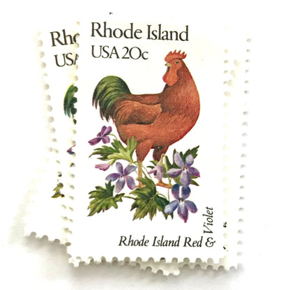 Rhode Island State Bird and Flower postage stamps from 1982 featuring a Rhode Island Red Rooster and Violet on vintage unused 20-cent USPS postage, Scott 1991.