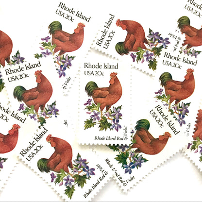Rhode Island State Bird and Flower postage stamps from 1982 featuring a Rhode Island Red Rooster and Violet on vintage unused 20-cent USPS postage, Scott 1991.