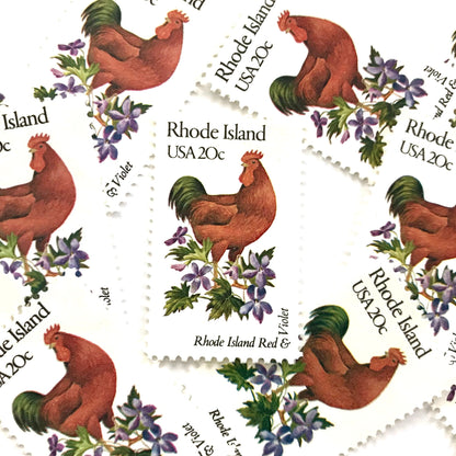 Rhode Island State Bird and Flower postage stamps from 1982 featuring a Rhode Island Red Rooster and Violet on vintage unused 20-cent USPS postage, Scott 1991.