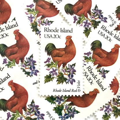 Rhode Island State Bird and Flower postage stamps from 1982 featuring a Rhode Island Red Rooster and Violet on vintage unused 20-cent USPS postage, Scott 1991.