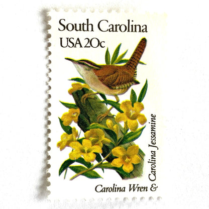 South Carolina State Bird and Flower postage stamps from 1982 featuring a Carolina Wren and Carolina Jessamine on vintage unused 20-cent USPS postage, Scott 1992.