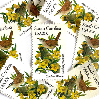 South Carolina State Bird and Flower postage stamps from 1982 featuring a Carolina Wren and Carolina Jessamine on vintage unused 20-cent USPS postage, Scott 1992.