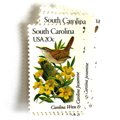 South Carolina State Bird and Flower postage stamps from 1982 featuring a Carolina Wren and Carolina Jessamine on vintage unused 20-cent USPS postage, Scott 1992.