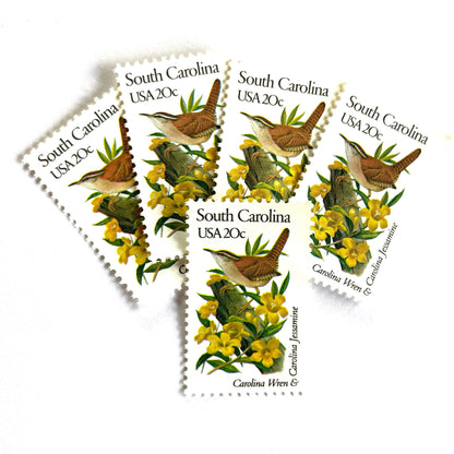 South Carolina State Bird and Flower postage stamps from 1982 featuring a Carolina Wren and Carolina Jessamine on vintage unused 20-cent USPS postage, Scott 1992.