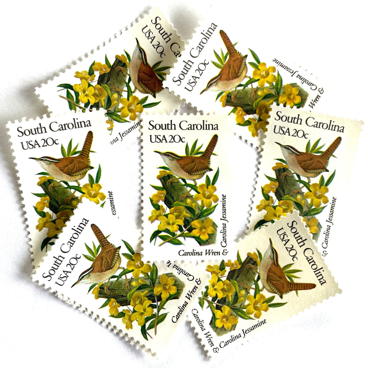 South Carolina State Bird and Flower postage stamps from 1982 featuring a Carolina Wren and Carolina Jessamine on vintage unused 20-cent USPS postage, Scott 1992.