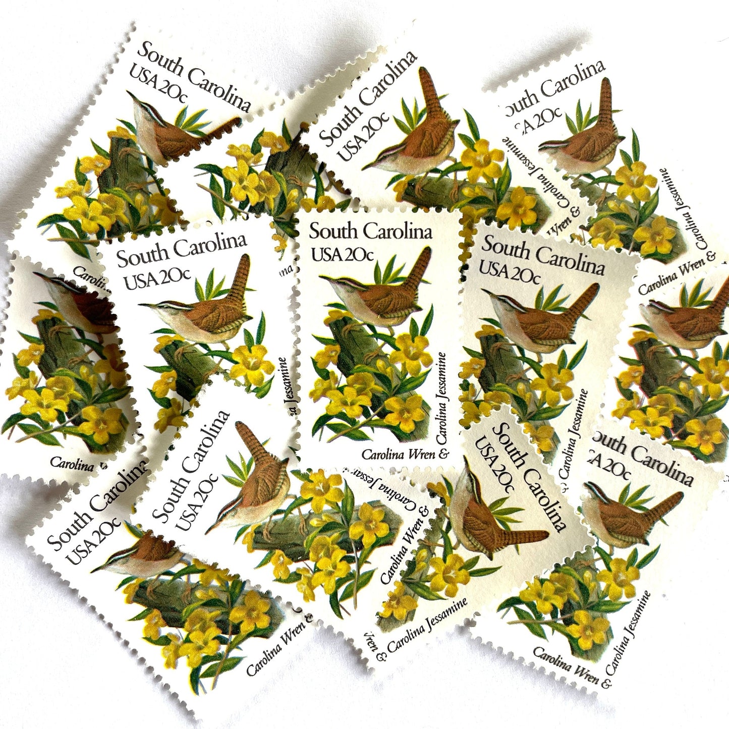 South Carolina State Bird and Flower postage stamps from 1982 featuring a Carolina Wren and Carolina Jessamine on vintage unused 20-cent USPS postage, Scott 1992.