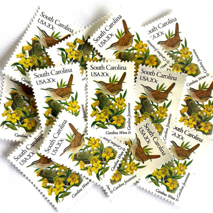 South Carolina State Bird and Flower postage stamps from 1982 featuring a Carolina Wren and Carolina Jessamine on vintage unused 20-cent USPS postage, Scott 1992.