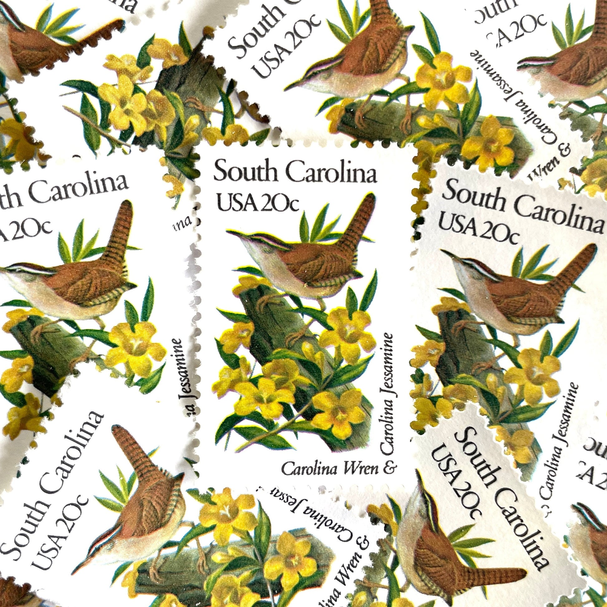 South Carolina State Bird and Flower postage stamps from 1982 featuring a Carolina Wren and Carolina Jessamine on vintage unused 20-cent USPS postage, Scott 1992.