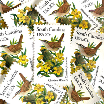 South Carolina State Bird and Flower postage stamps from 1982 featuring a Carolina Wren and Carolina Jessamine on vintage unused 20-cent USPS postage, Scott 1992.