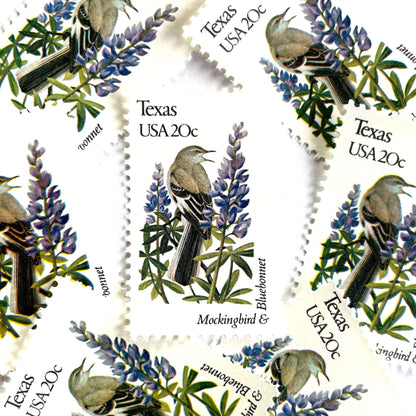 Texas State Bird and Flower postage stamps from 1982 featuring a Mockingbird and Bluebonnet on vintage unused 20-cent USPS postage, Scott 1995.