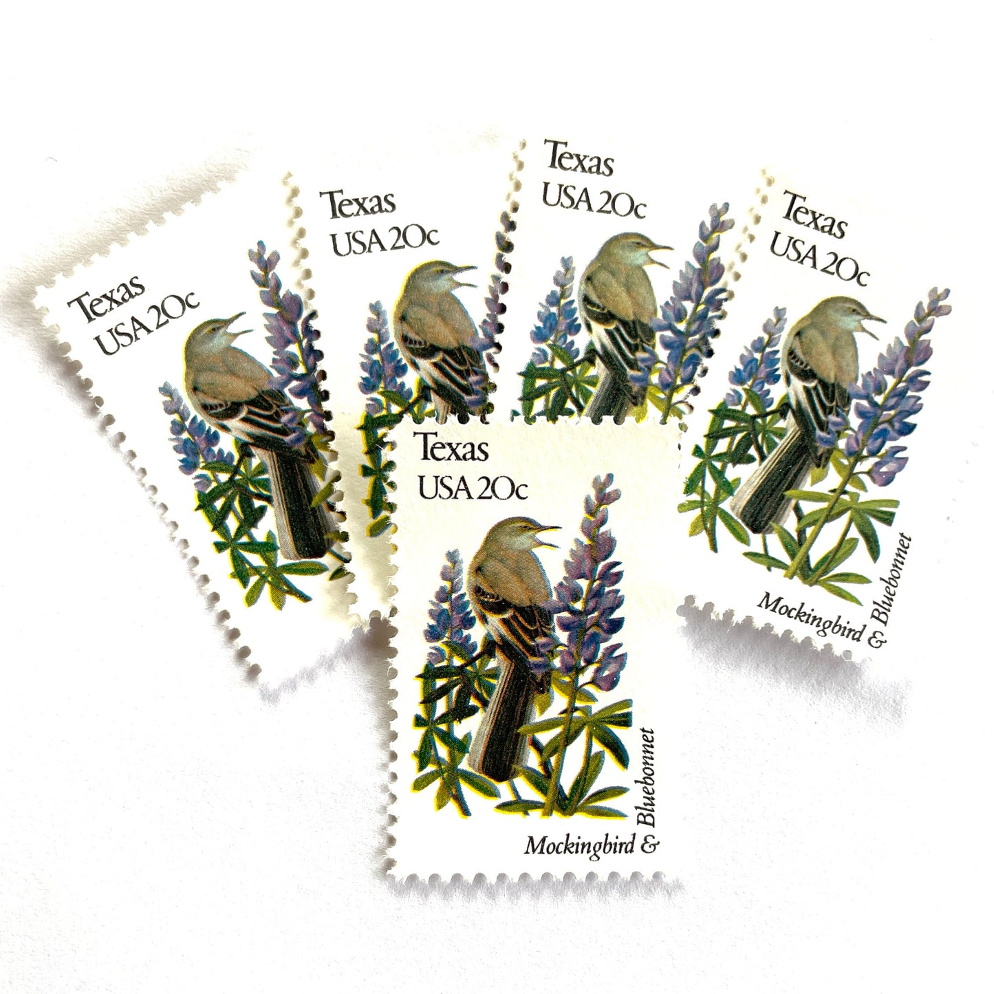 Texas State Bird and Flower postage stamps from 1982 featuring a Mockingbird and Bluebonnet on vintage unused 20-cent USPS postage, Scott 1995.