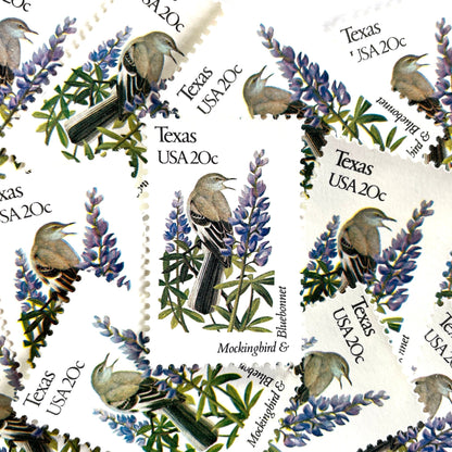 Texas State Bird and Flower postage stamps from 1982 featuring a Mockingbird and Bluebonnet on vintage unused 20-cent USPS postage, Scott 1995.