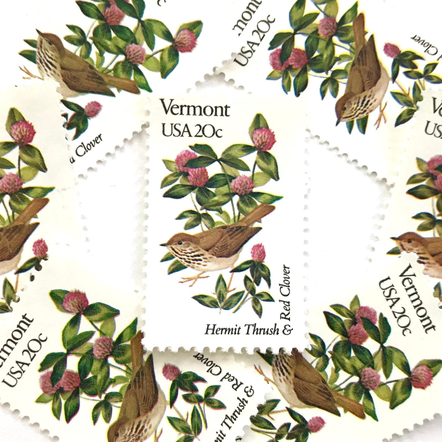 Vermont State Bird and Flower postage stamps from 1982 featuring a Hermit Thrush and Red Clover on vintage unused 20-cent USPS postage, Scott 1997.