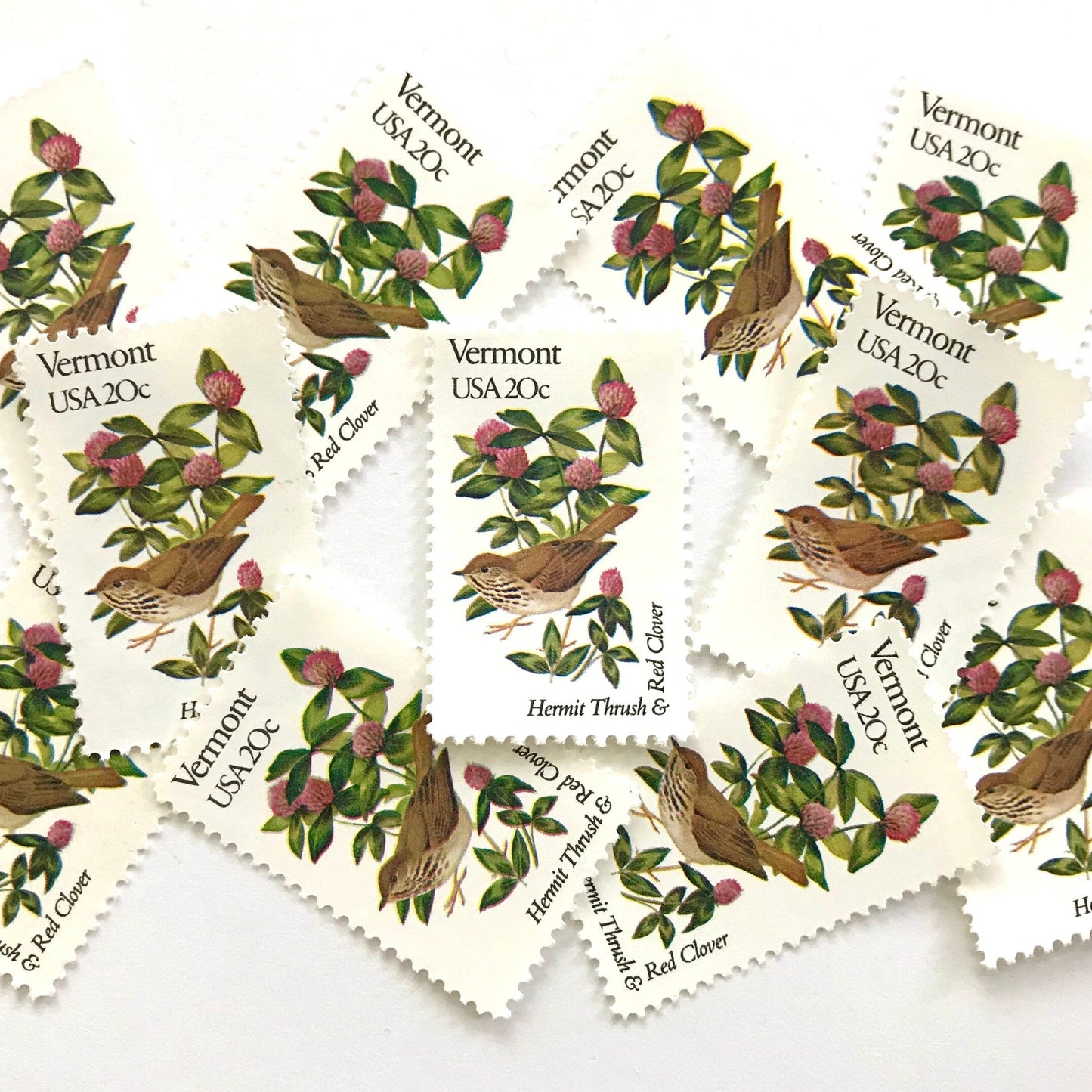 Vermont State Bird and Flower postage stamps from 1982 featuring a Hermit Thrush and Red Clover on vintage unused 20-cent USPS postage, Scott 1997.