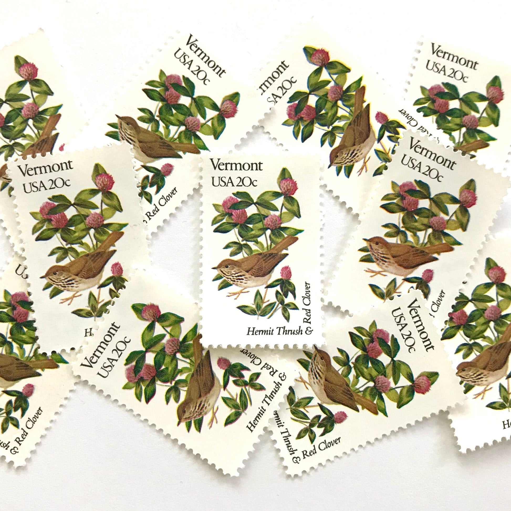 Vermont State Bird and Flower postage stamps from 1982 featuring a Hermit Thrush and Red Clover on vintage unused 20-cent USPS postage, Scott 1997.