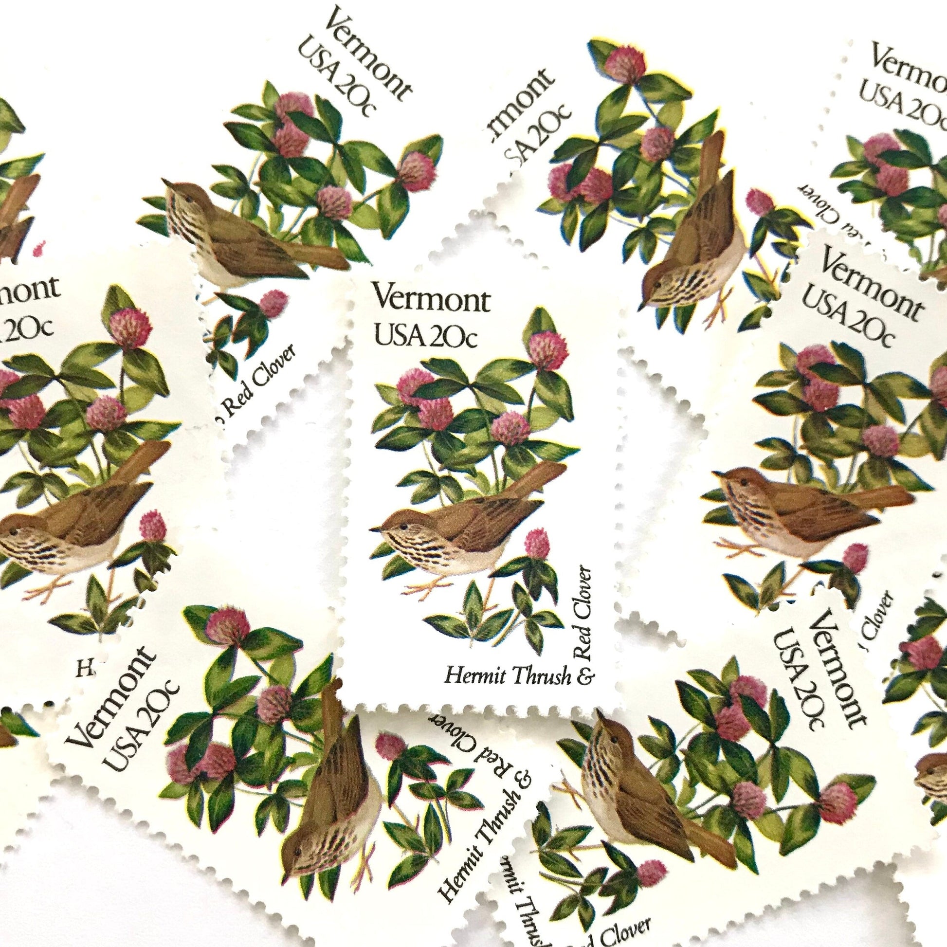 Vermont State Bird and Flower postage stamps from 1982 featuring a Hermit Thrush and Red Clover on vintage unused 20-cent USPS postage, Scott 1997.