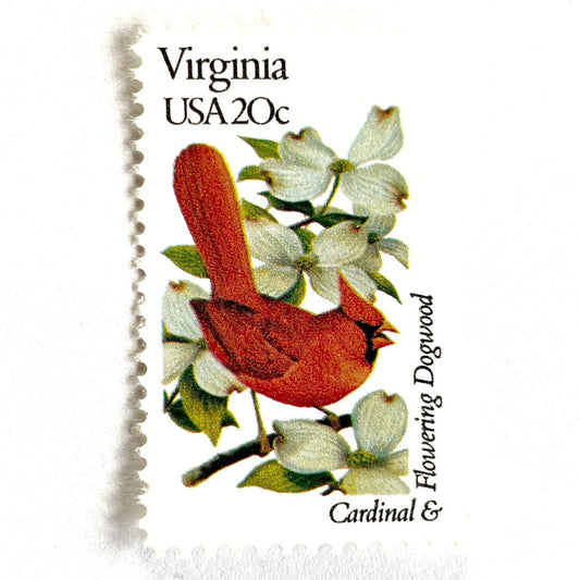 Virginia State Bird and Flower postage stamps from 1982 featuring a Cardinal and American Dogwood on vintage unused 20-cent USPS postage, Scott 1998.