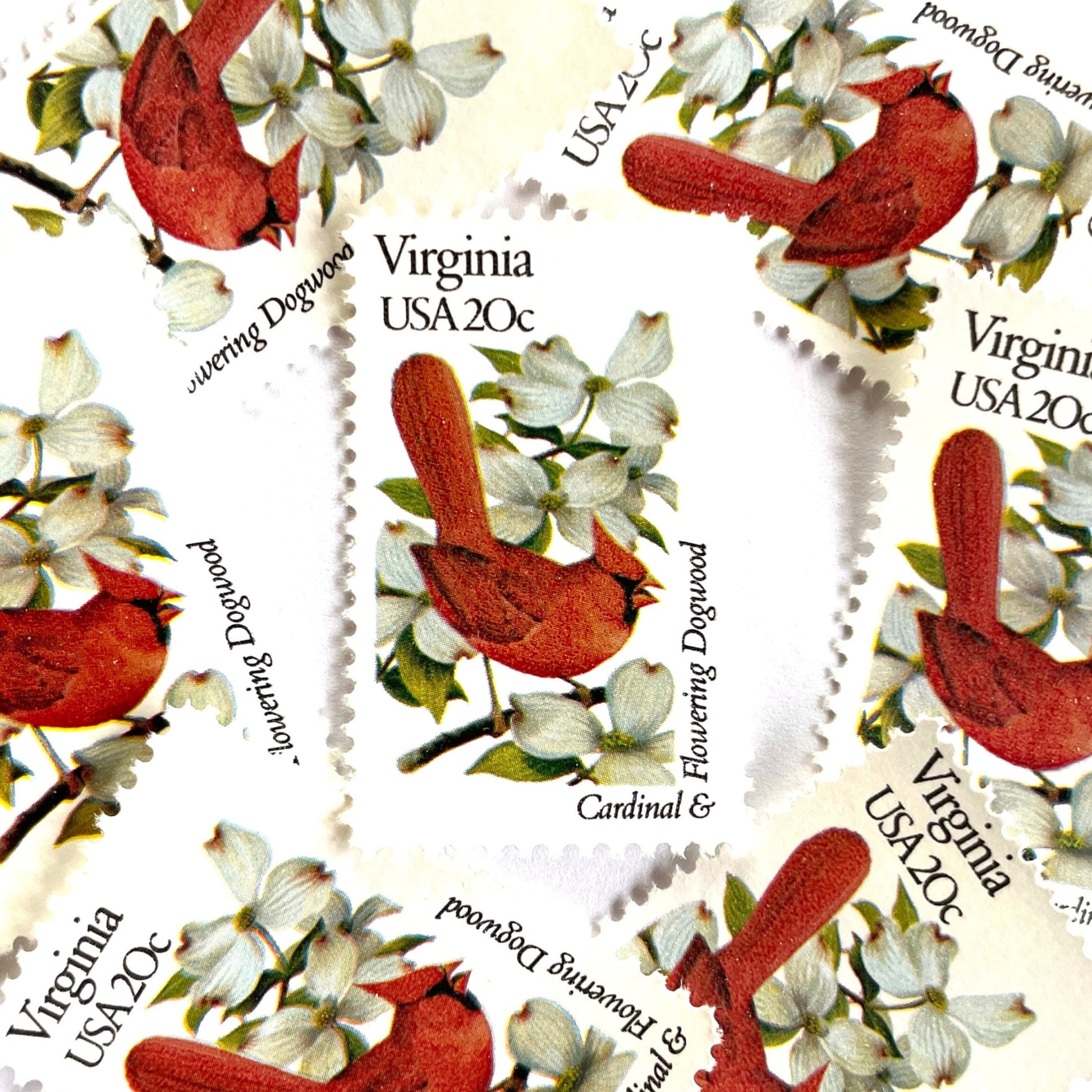 Virginia State Bird and Flower postage stamps from 1982 featuring a Cardinal and American Dogwood on vintage unused 20-cent USPS postage, Scott 1998.