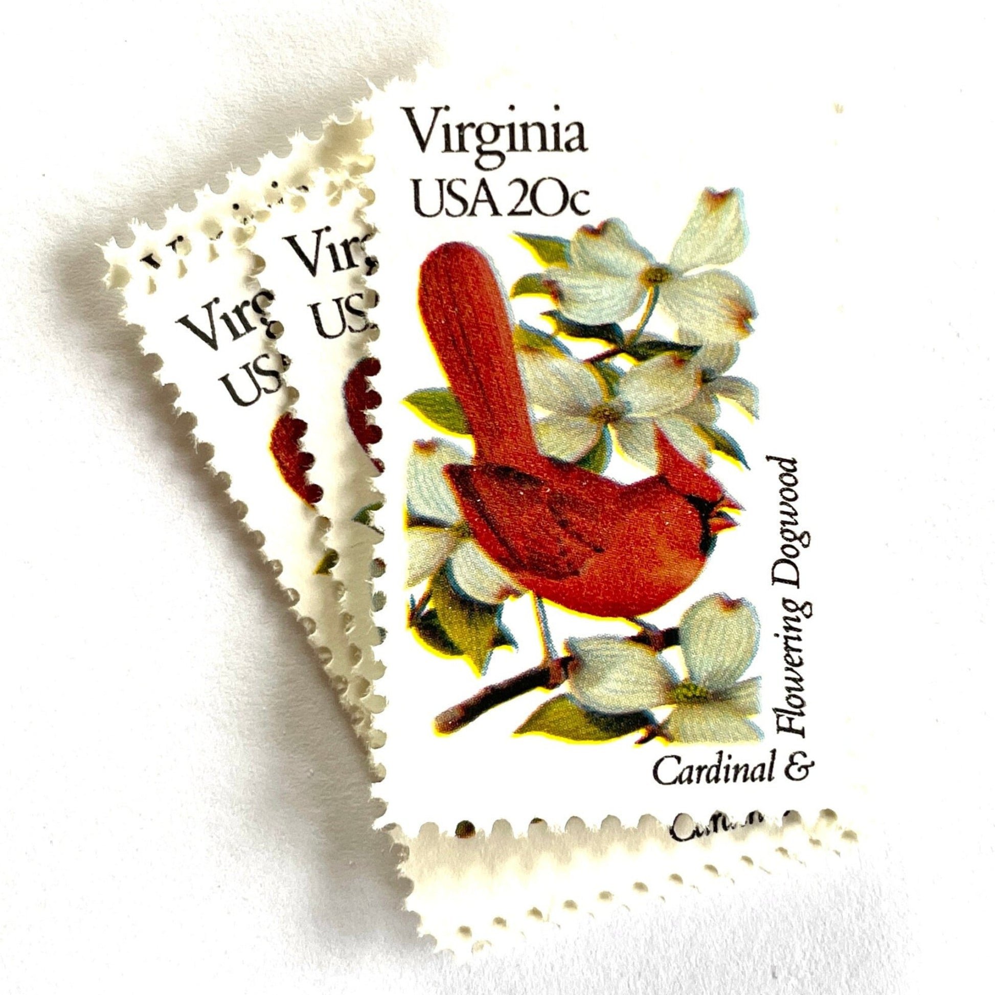 Virginia State Bird and Flower postage stamps from 1982 featuring a Cardinal and American Dogwood on vintage unused 20-cent USPS postage, Scott 1998.