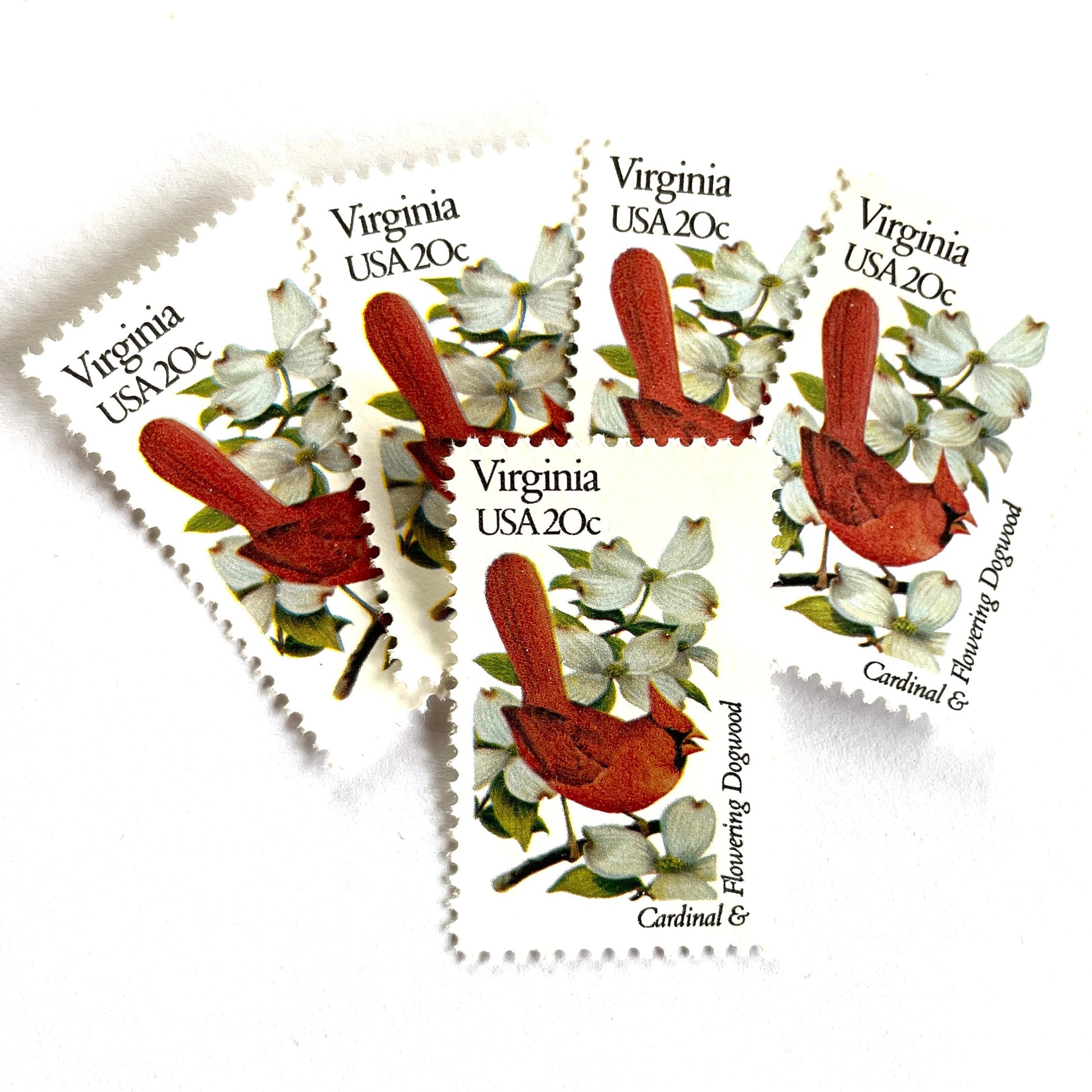 Virginia State Bird and Flower postage stamps from 1982 featuring a Cardinal and American Dogwood on vintage unused 20-cent USPS postage, Scott 1998.