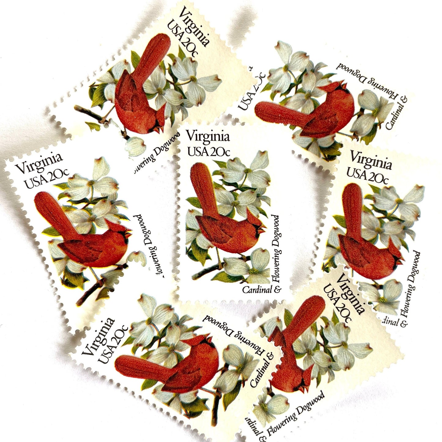 Virginia State Bird and Flower postage stamps from 1982 featuring a Cardinal and American Dogwood on vintage unused 20-cent USPS postage, Scott 1998.
