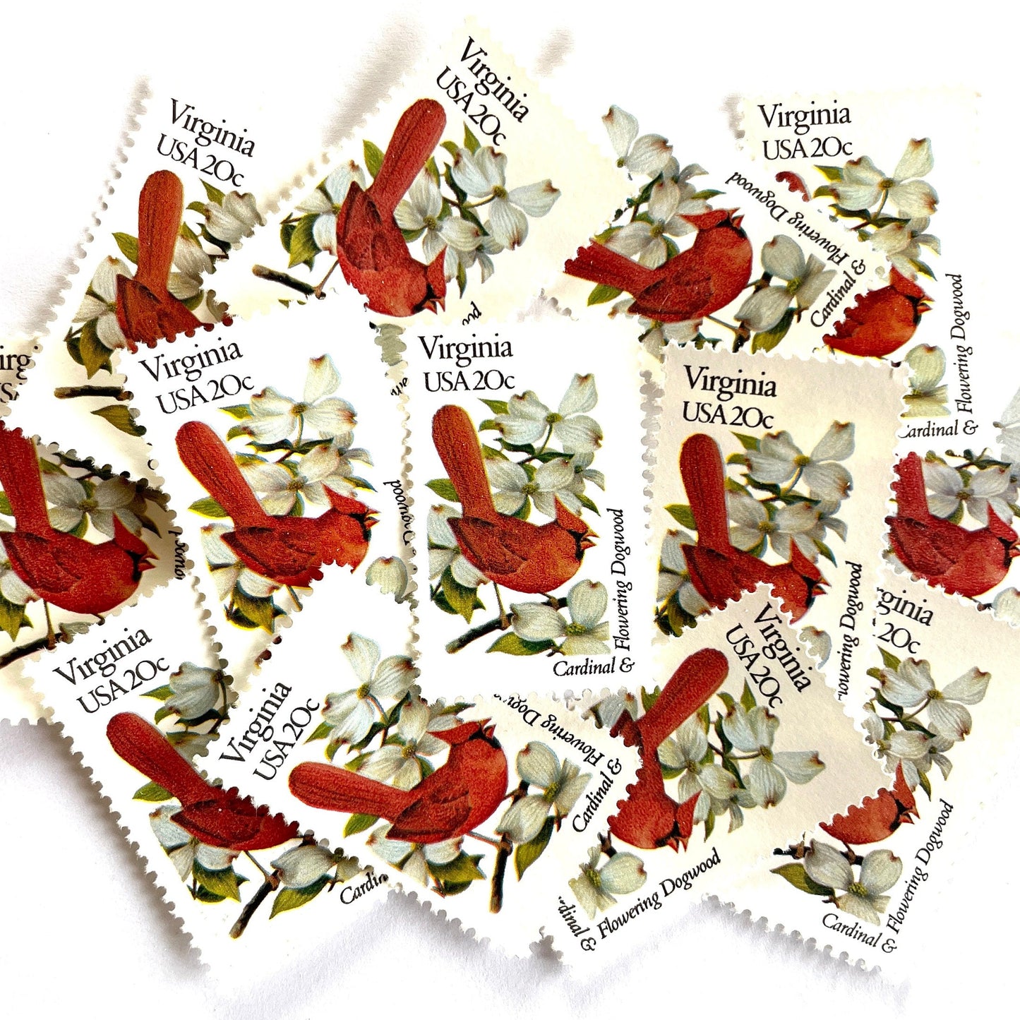 Virginia State Bird and Flower postage stamps from 1982 featuring a Cardinal and American Dogwood on vintage unused 20-cent USPS postage, Scott 1998.