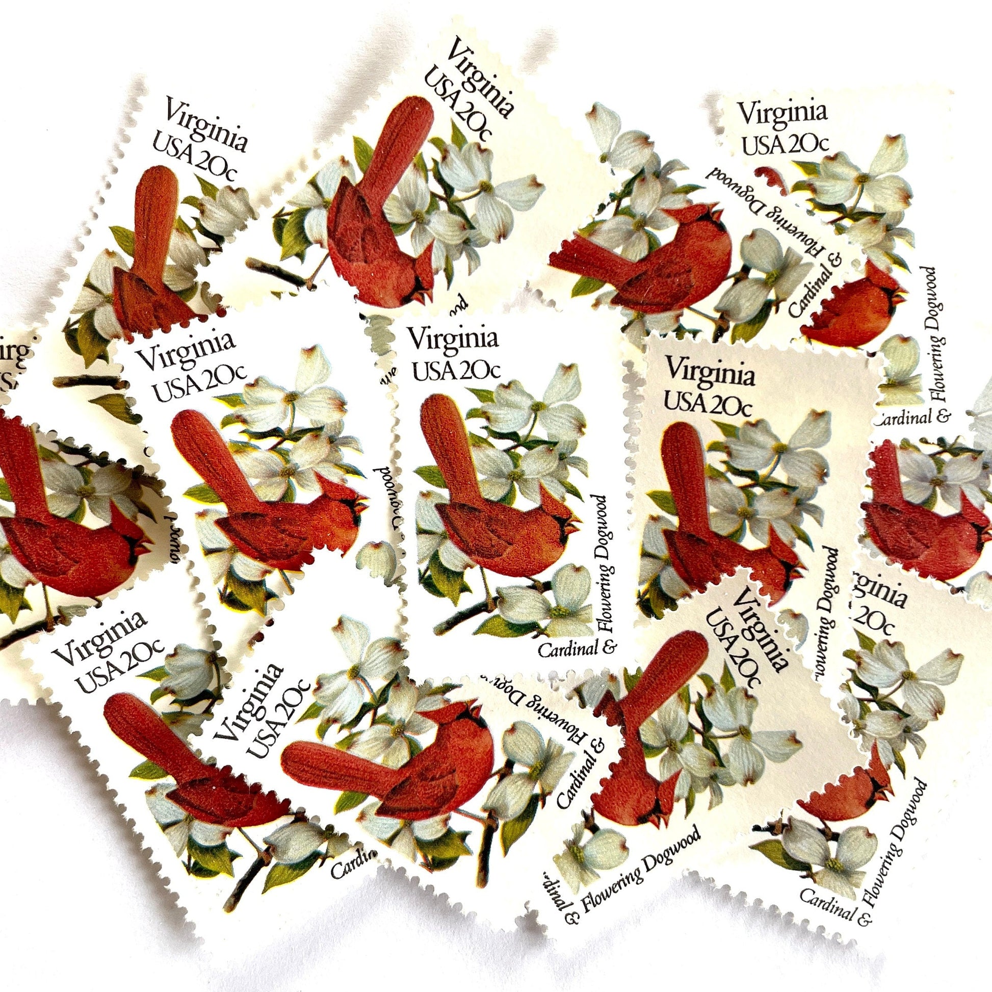 Virginia State Bird and Flower postage stamps from 1982 featuring a Cardinal and American Dogwood on vintage unused 20-cent USPS postage, Scott 1998.