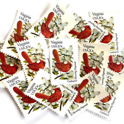 Virginia State Bird and Flower postage stamps from 1982 featuring a Cardinal and American Dogwood on vintage unused 20-cent USPS postage, Scott 1998.