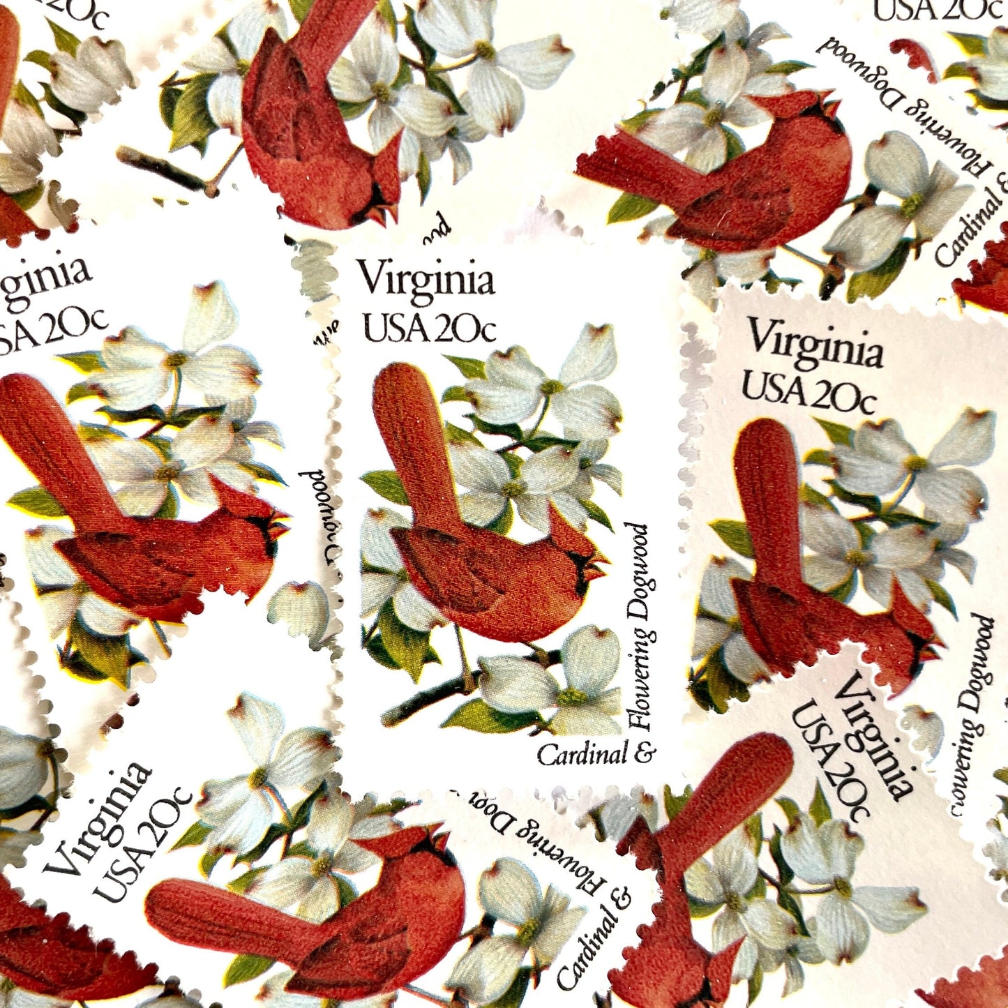 Virginia State Bird and Flower postage stamps from 1982 featuring a Cardinal and American Dogwood on vintage unused 20-cent USPS postage, Scott 1998.
