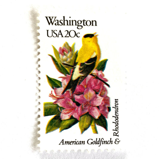 Washington State Bird and Flower postage stamp from 1982 featuring a Willow Goldfinch and Coast Rhododendron on vintage unused 20-cent USPS postage, Scott 1999.