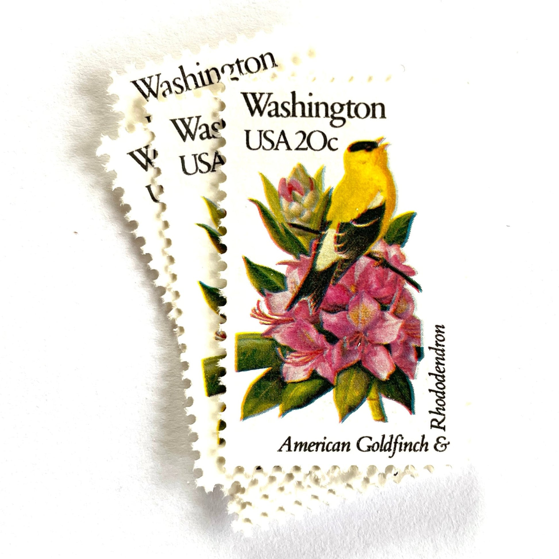 Washington State Bird and Flower postage stamps from 1982 featuring a Willow Goldfinch and Coast Rhododendron on vintage unused 20-cent USPS postage, Scott 1999.