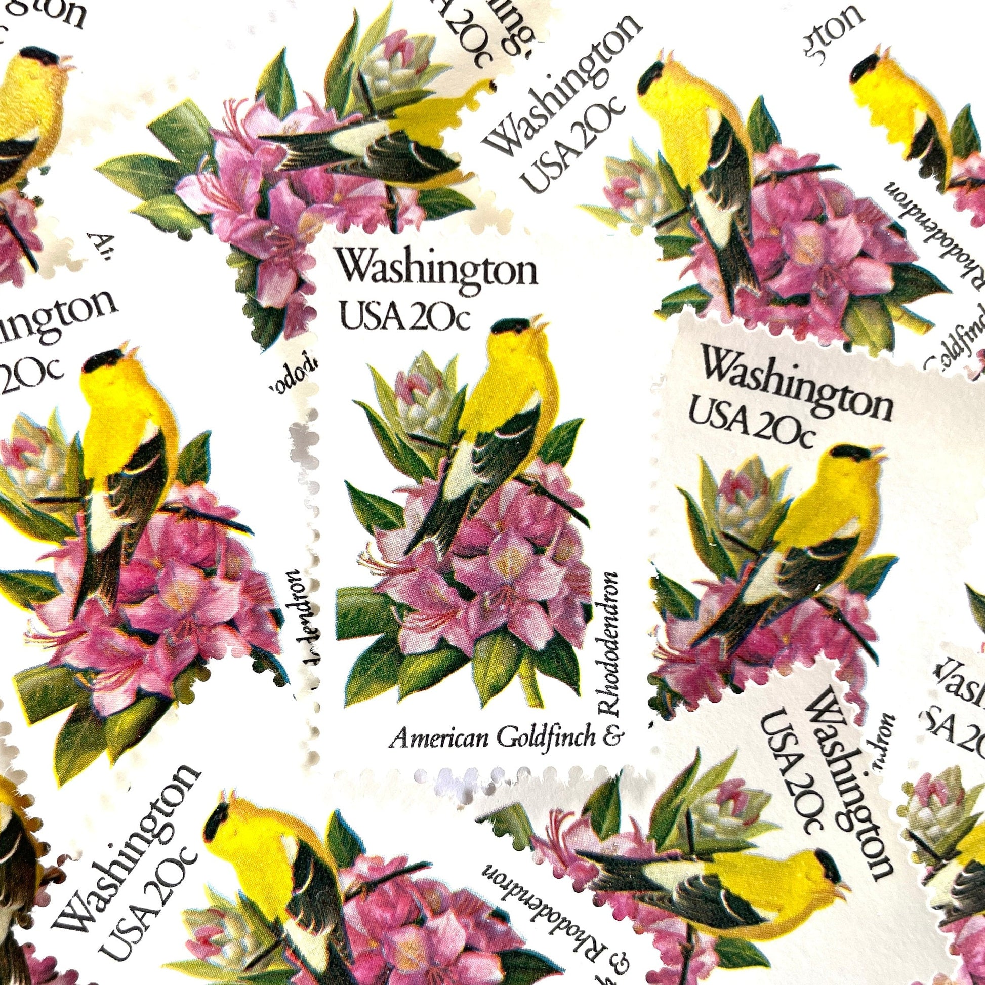 Washington State Bird and Flower postage stamps from 1982 featuring a Willow Goldfinch and Coast Rhododendron on vintage unused 20-cent USPS postage, Scott 1999.