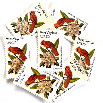 West Virginia State Bird and Flower postage stamps from 1982 featuring a Cardinal and Rhododendron on vintage unused 20-cent USPS postage, Scott 2000.