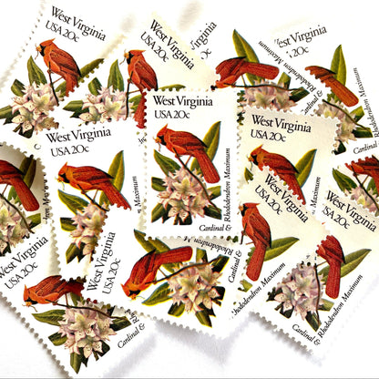 West Virginia State Bird and Flower postage stamps from 1982 featuring a Cardinal and Rhododendron on vintage unused 20-cent USPS postage, Scott 2000.