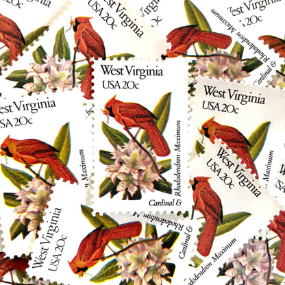 West Virginia State Bird and Flower postage stamps from 1982 featuring a Cardinal and Rhododendron on vintage unused 20-cent USPS postage, Scott 2000.
