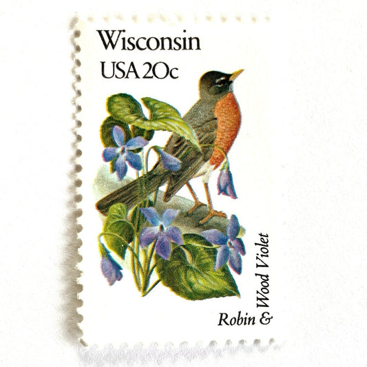 Wisconsin State Bird and Flower postage stamps from 1982 featuring a Robin and Wood Violet on vintage unused 20-cent USPS postage, Scott 2001.
